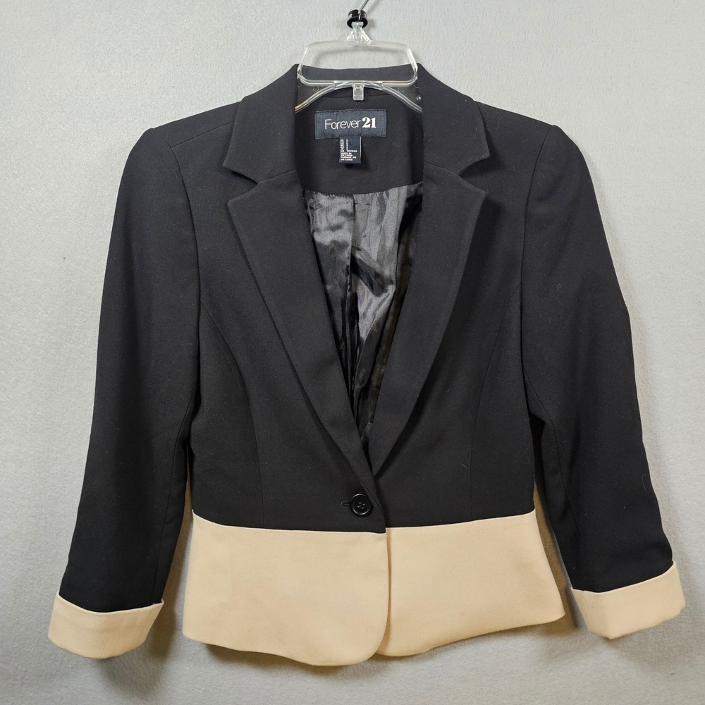 Forever 21 Womens Black Tan Color Block Single Button Blazer Jacket Size S